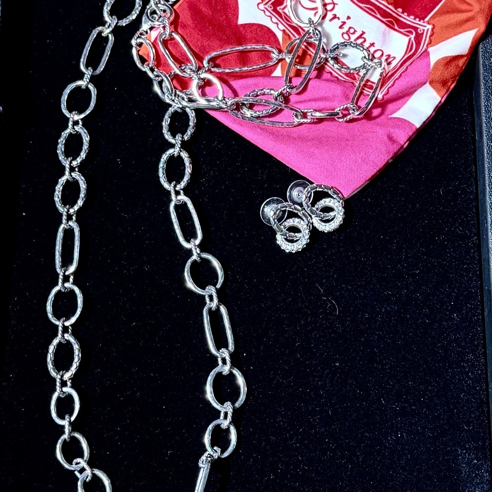 Brighton Silver Long Link Necklace Drop Earrings Set Textured Oval Links Retired - Picture 4 of 14
